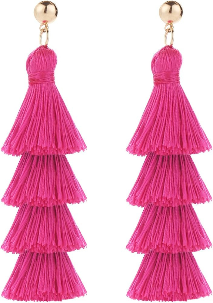 Tassel Earrings Handmade Tiered Thread Tassel Dangle Earrings, Multi Colors | Amazon (US)