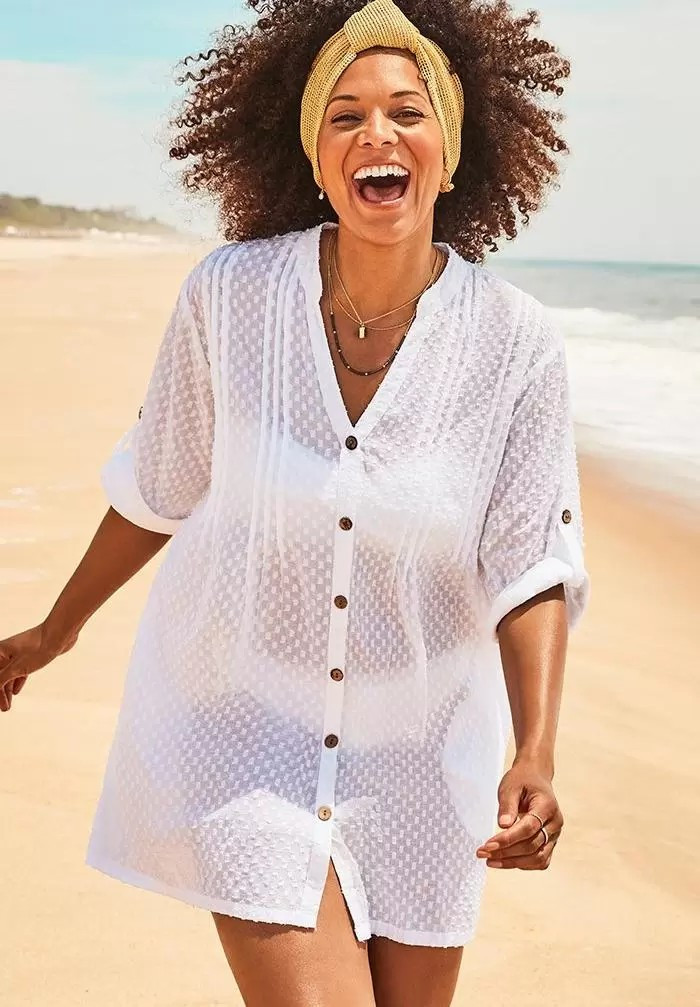 Brynn Sheer Button Up Cover Up Shirt | Swimsuitsforall.com