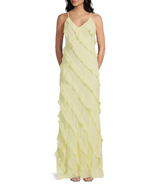 All Over Ruffle Trim V-Neck Spaghetti Strap Long Dress | Dillard's