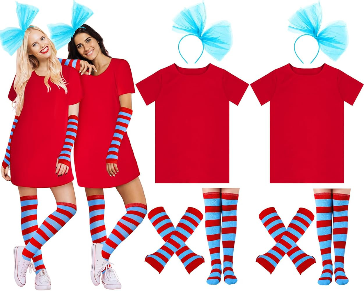 2 Set Costume for Women Include Red T Shirt Striped Socks Stretchy Gloves Blue Tulle Ponytails He... | Amazon (US)