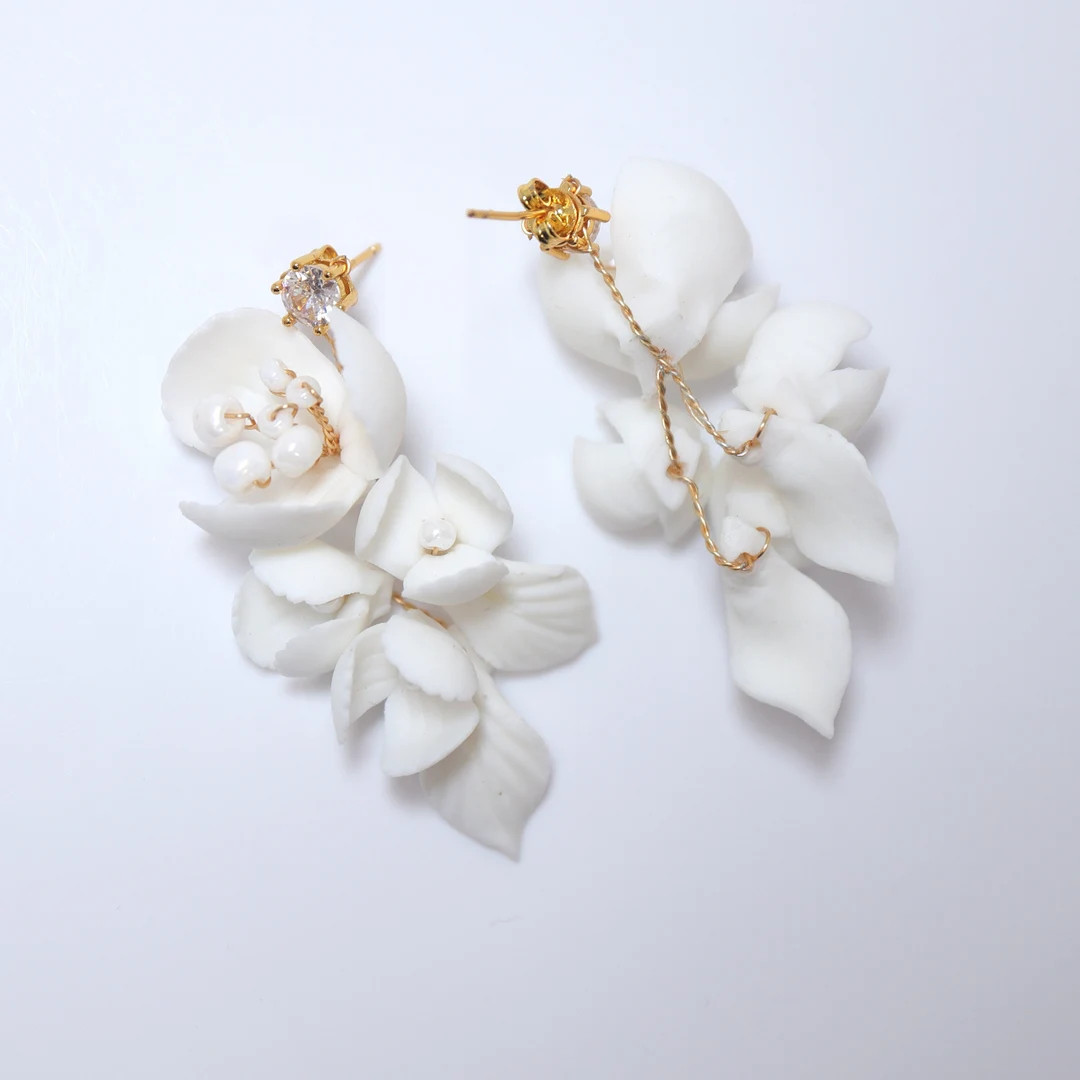 Swarovski Charming Porcelain Ceramic White Flower Pearl and Leaves Earring Sparkling Crystal Brid... | Etsy (US)