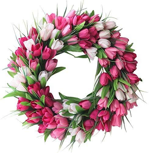 Lrnn 20 Inches Artificial Tulip Flower Wreaths Pink Tulip Front Door Wreath Fake Flower Wreaths f... | Amazon (US)