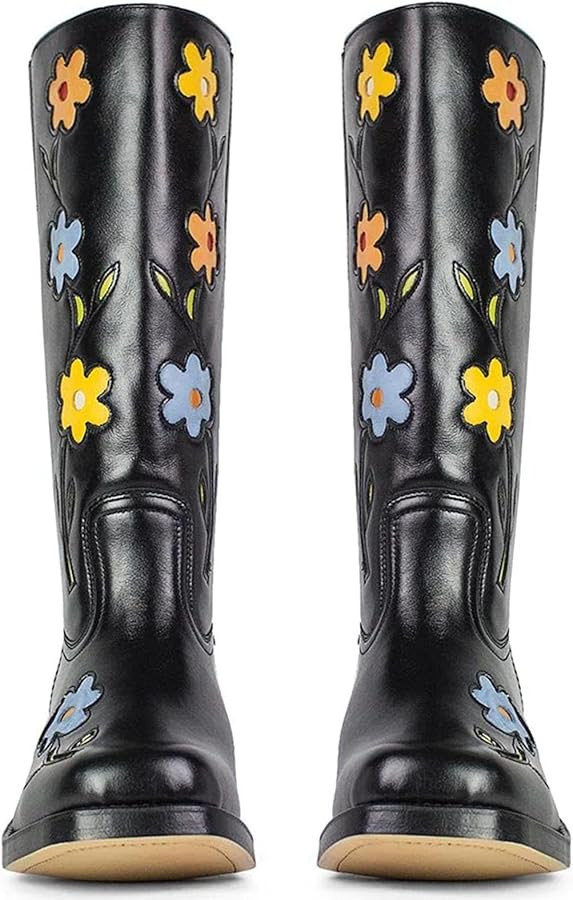 KISTANIA Women's Knee High Riding Boots with Flowers Square Toe Chunky Heel Motorcycle Boots | Amazon (US)