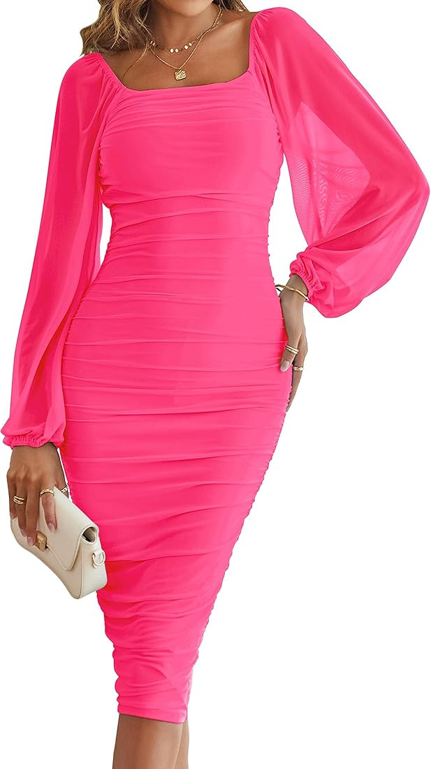 MEROKEETY Women's Long Puff Sleeve Ruched Bodycon Dress Square Neck Mesh Cocktail Party Midi Dres... | Amazon (US)