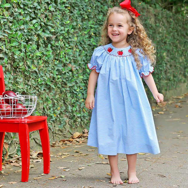 Smocked Apples Blue Stripe Bishop | Classic Whimsy