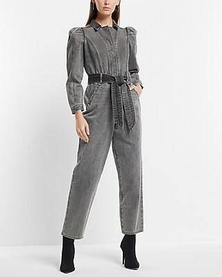 Puff Sleeve Tie Waist Gray Wash Denim Jumpsuit | Express
