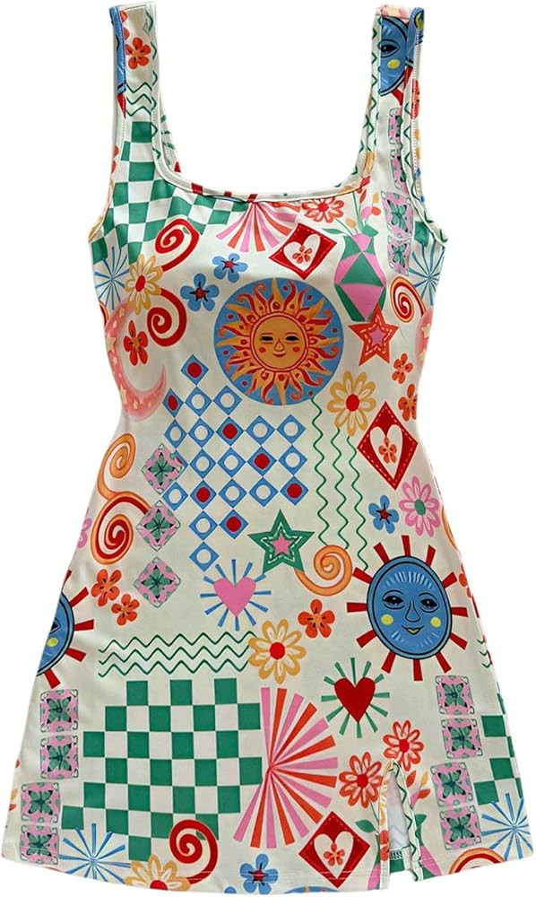 Women's Graphic Sleeveless Mini Bodycon Dresses Square Neck Split Vacation Tank Dress | Amazon (US)