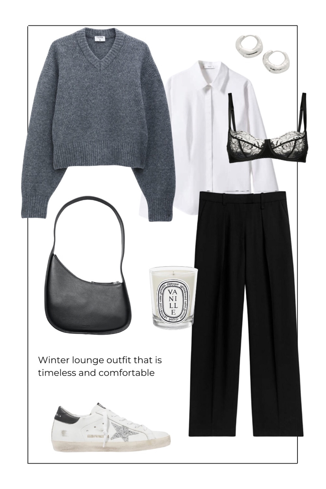 Grey knit jumper styled with a white shirt and black trousers for a minimal winter work outfit. Daytime minimal outfit. 

#LTKeurope #LTKstyletip #LTKSeasonal