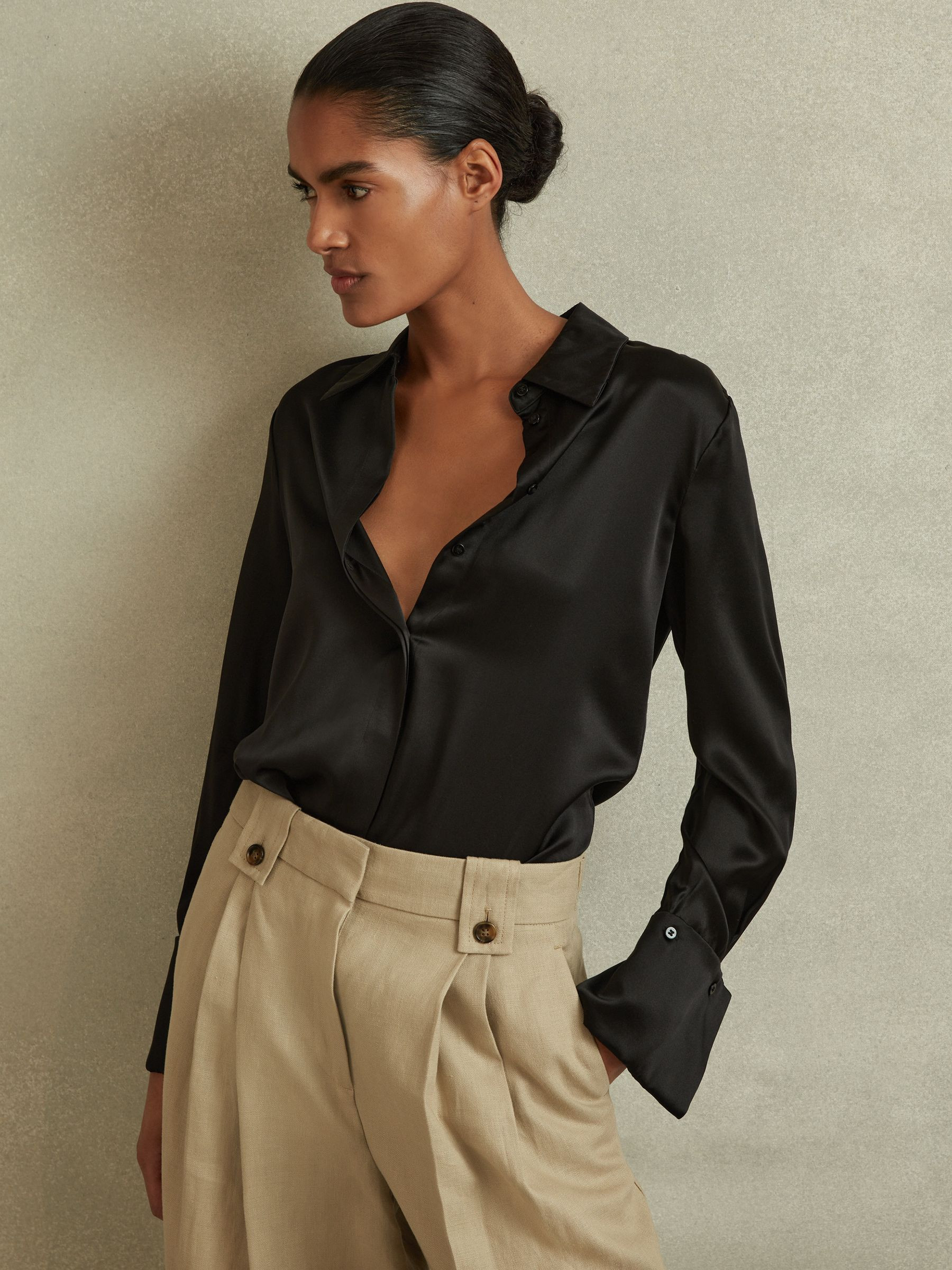 Reiss Silk Double-Cuff Button-Through Shirt in Black - REISS | Reiss UK