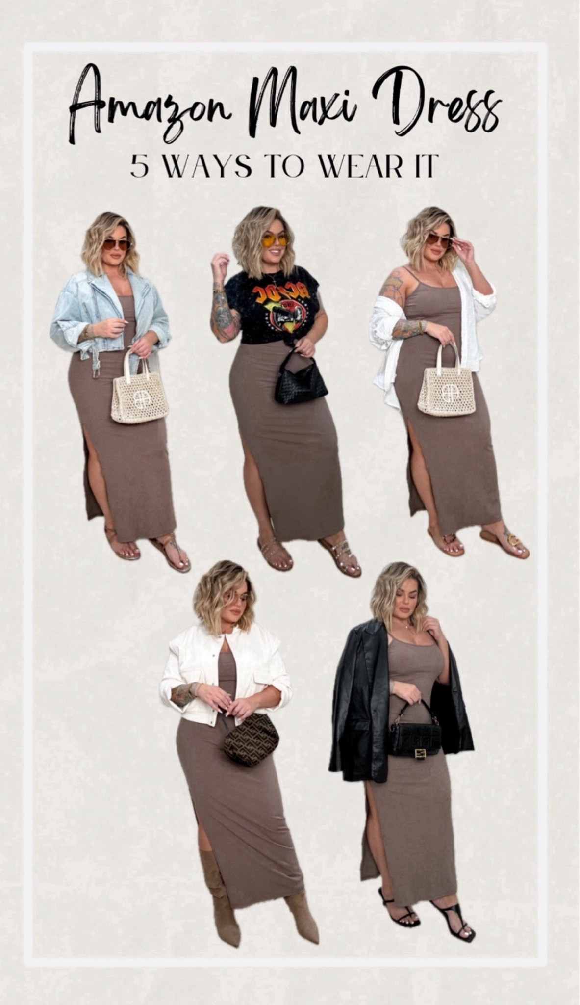 5 ways to wear this amazon maxi dress

Dress size L 
Denim jacket is old from Zara can’t link
AC/DC shirt is from fashion nova can’t link here but it’s current should be on their site still.
White button down shirt size L 
Cream bomber jacket L 
Black leather blazer 2x for oversized fit 
Linked similar shoe options for most of mine because they are older. 
Yellow glasses are from pebbyforevee but can’t link here 

#LTKfindsunder50 #LTKstyletip #LTKparties