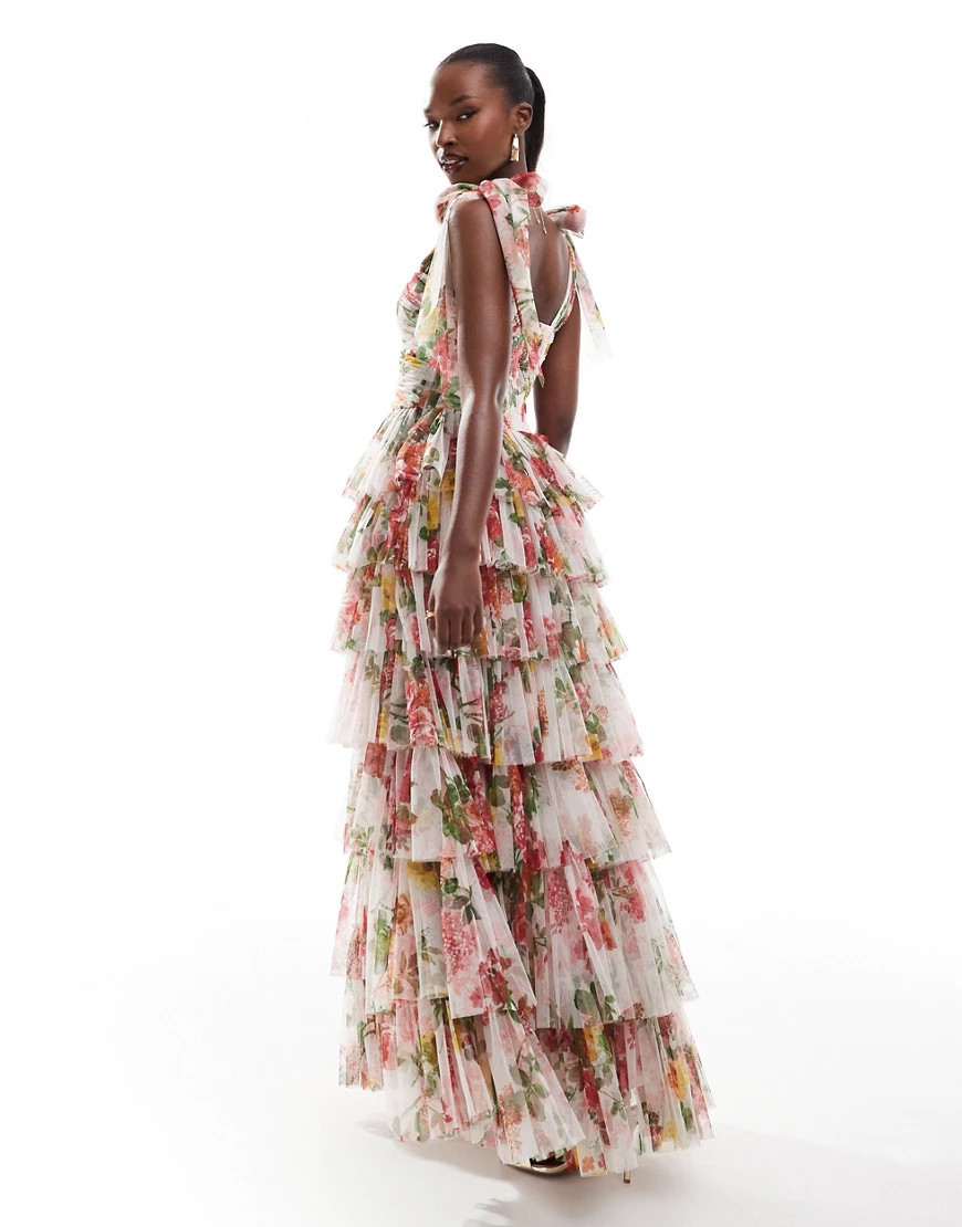 Lace & Beads bow shoulder tiered maxi dress in bright floral-Multi | ASOS (Global)