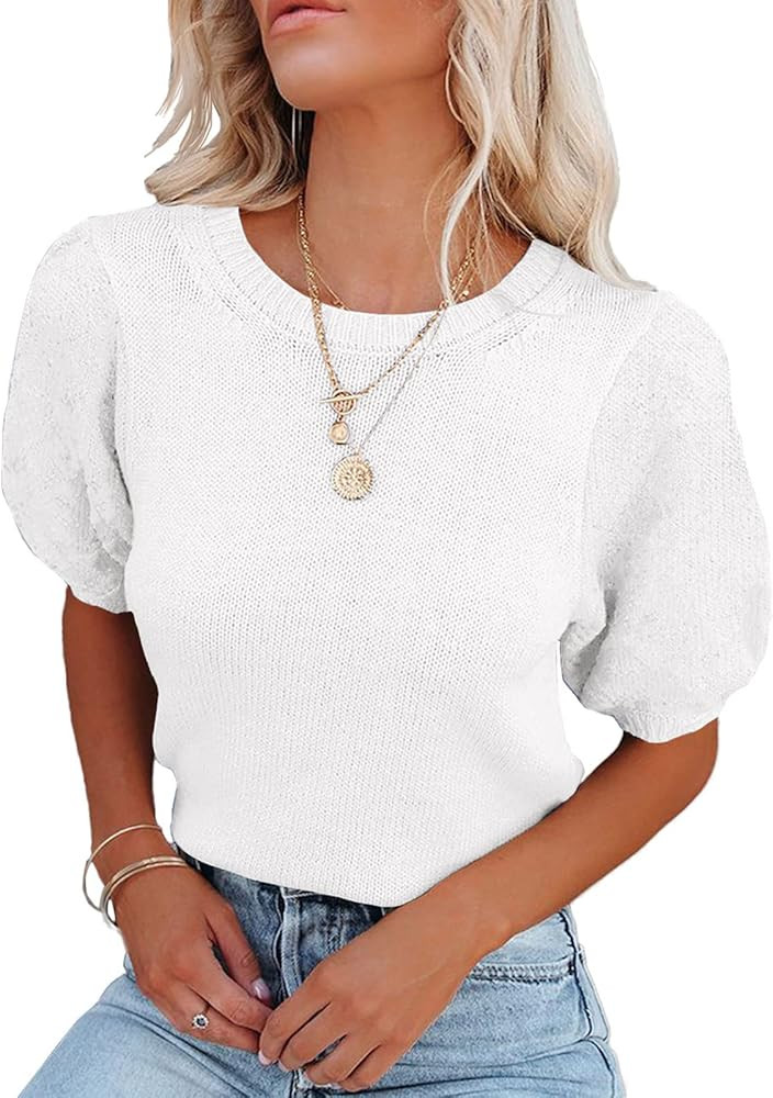 Womens Short Sleeve Sweaters Crewneck Knit Pullover Tops 2024 Summer Casual Lightweight Crochet B... | Amazon (US)