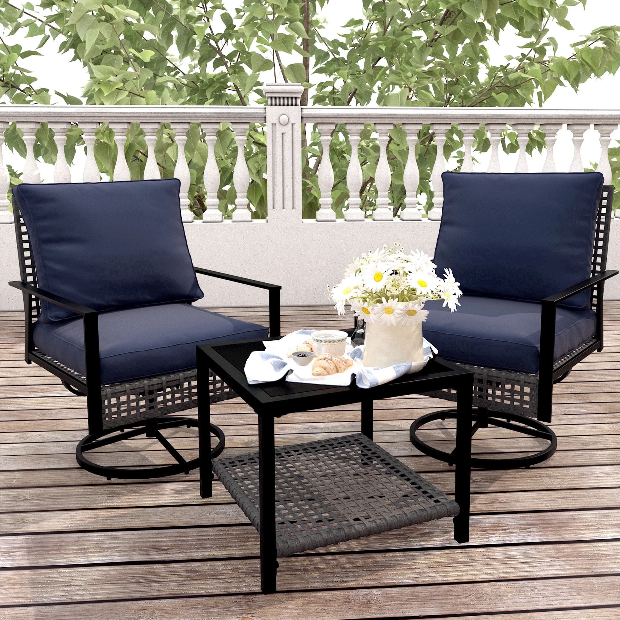 Ainfox Premium Patio Swivel Bistro Set,Wicker Rattan Rocking Chairs w/Glass Top Table & Cushions,Gray - Walmart.com | Walmart (US)