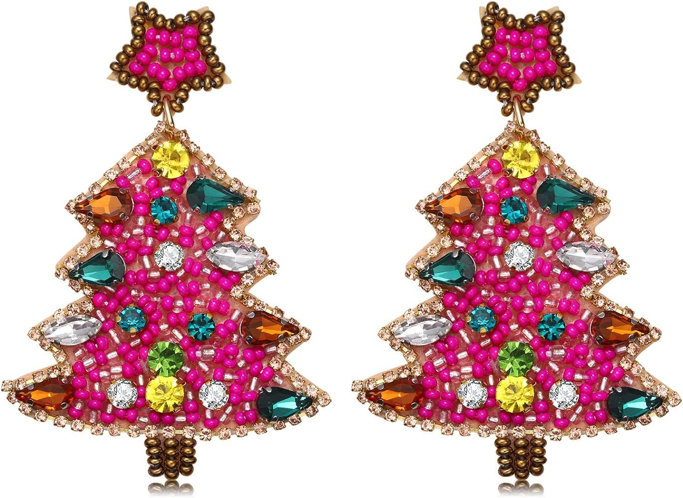 Christmas Earrings for Women Beaded Christmas Tree Dangling Earrings Hypoallergenic Handmade Sparkly | Amazon (US)