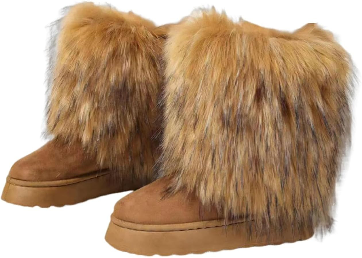 Women's Faux Fur Mid Calf Short Snow Boots Round Toe Suede Warm Fur Lined Platform Flat Shoes Com... | Amazon (US)