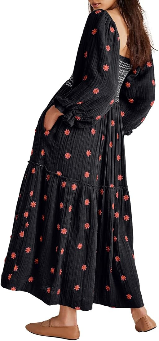 Shy Velvet Women's Fall Winter Dresses 2023 Maxi Dress Long Sleeve Square Neck Embroidered Maxi D... | Amazon (US)
