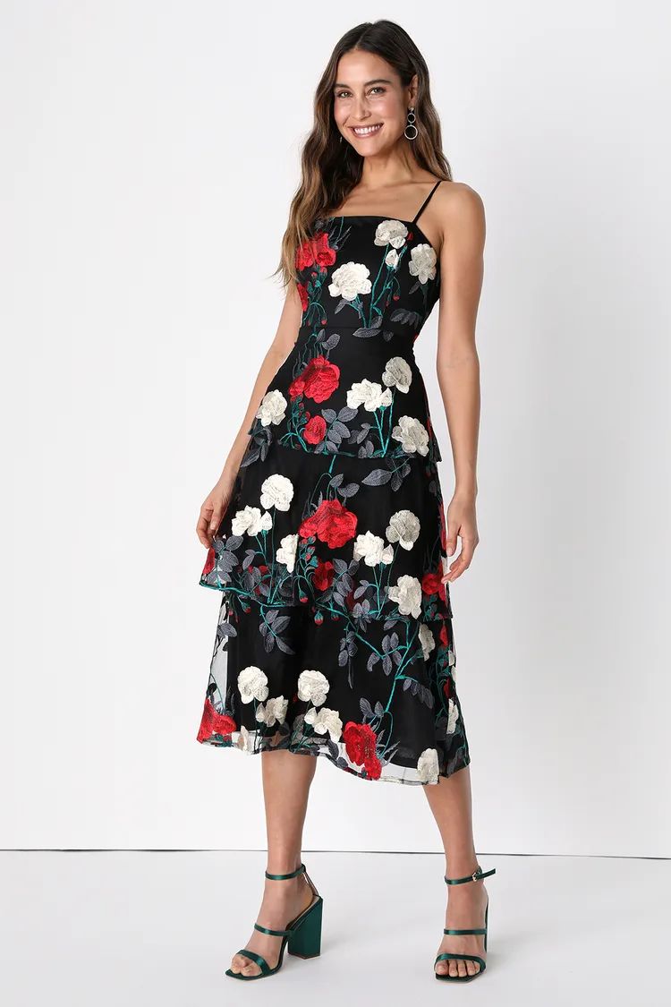 Forever Lovable Black Floral Embroidered Tiered Midi Dress | Lulus (US)