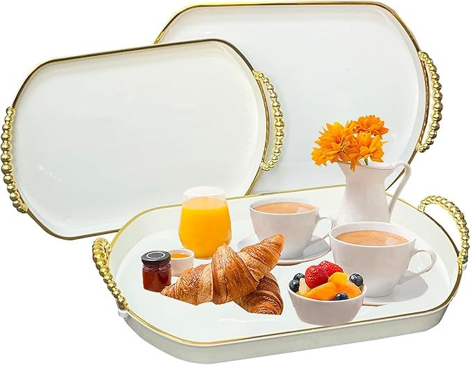 Serving Trays Set of 3 with Gold Trimming,Oval White Decorative Serving Trays with Handles, Servi... | Amazon (US)