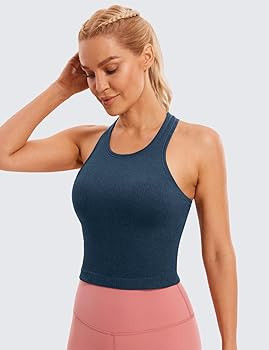 CRZ YOGA Womens Seamless Ribbed Longline High Neck Sports Bra - Racerback Padded Slim Fit Crop Ta... | Amazon (US)