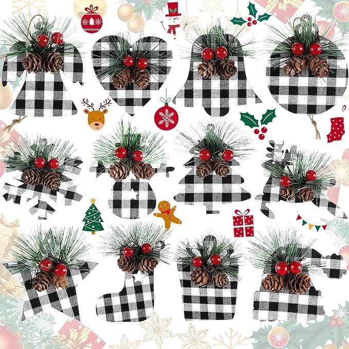 12 Pieces Christmas Wooden Tree Decorations Christmas Buffalo Plaid Ornaments Black Checked Chris... | Amazon (US)