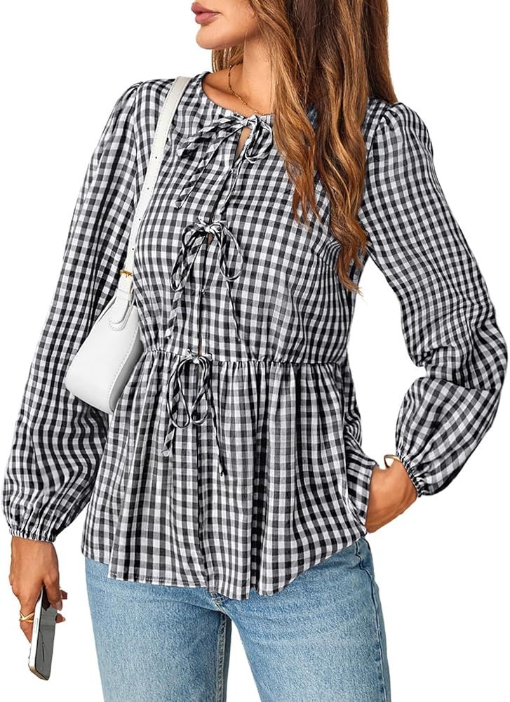 MEROKEETY Women's 2024 Tie Front Plaid Blouse Shirt Cute Puff Long Sleeve Crewneck Button Y2K Ruf... | Amazon (US)