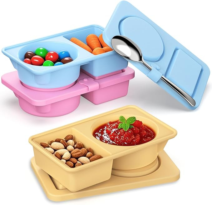 Reusable Snack Containers with Lids Silicone, 3 Pack Double/2 Compartment Small Snackle Box Conta... | Amazon (US)