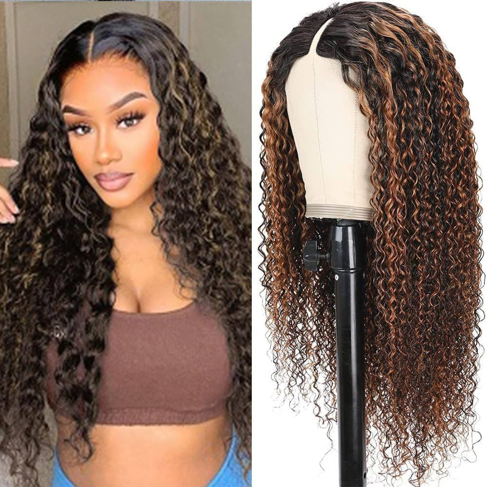 Ainmeys Curly V Part Wigs Ombre Brown V Shape Wigs for Black Women No Leave Out Lace Front Wigs U... | Amazon (US)