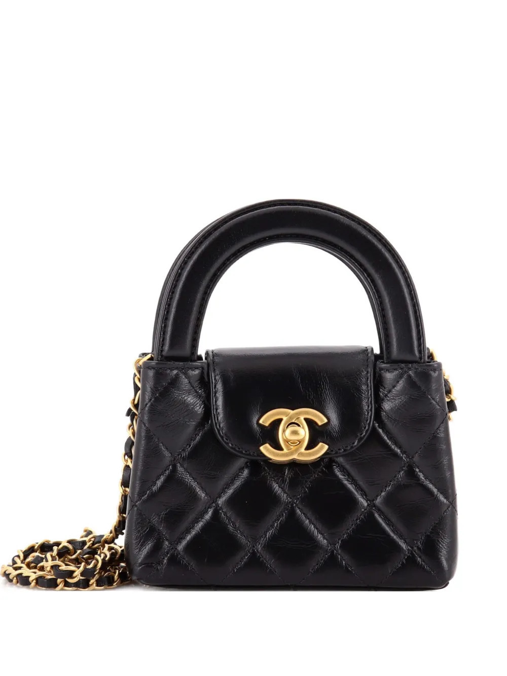 CHANEL Pre-Owned Kelly Top Handle Shopping Bag Quilted Shiny Aged Calfskin Nano crossbody bag - Black | Farfetch Global