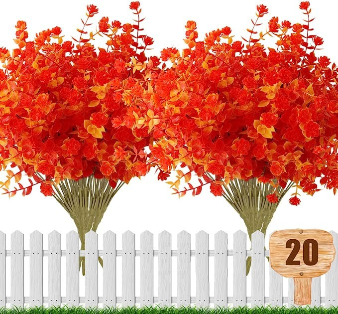 20 Bundles Artificial Outdoor Fall Flowers UV Resistant Fake Plastic Plants No Fade Faux Autumn F... | Amazon (US)