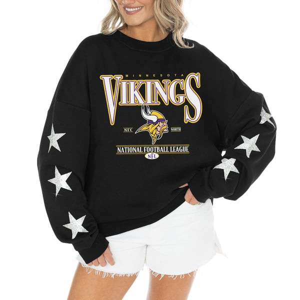Minnesota Vikings Gameday Couture Women's Rhinestone Star Sleeve Settle the Score Oversized Tri-Blend Pullover  - Black | Fanatics