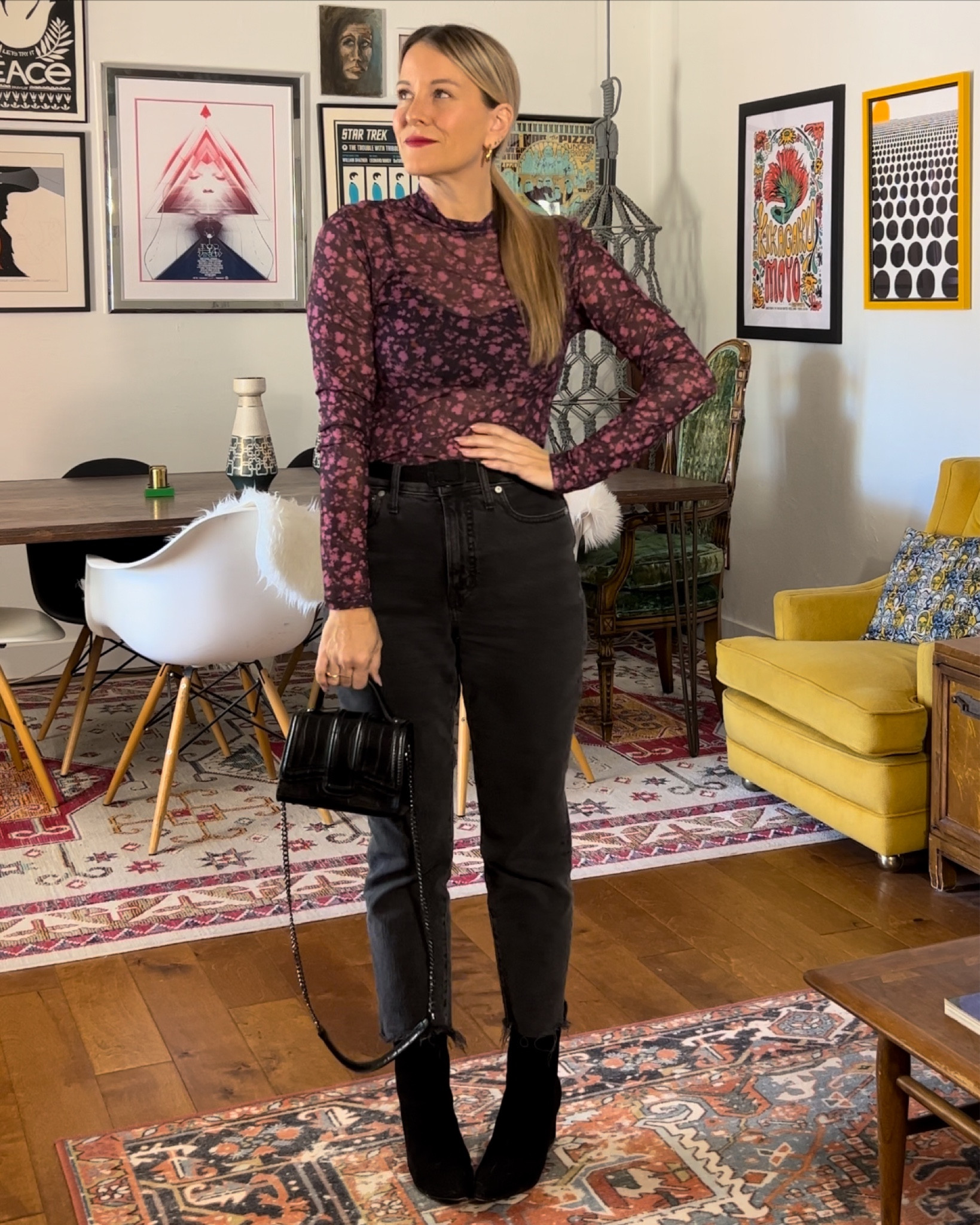 Sheer mock neck top, Madewell faded black Curvy Perfect Vintage denim and black suede Marc Fisher boots. 

#LTKfit #LTKSale #LTKstyletip