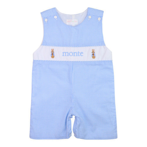 Blue Gingham Embroidered Bunny Jon Jon | Cecil and Lou