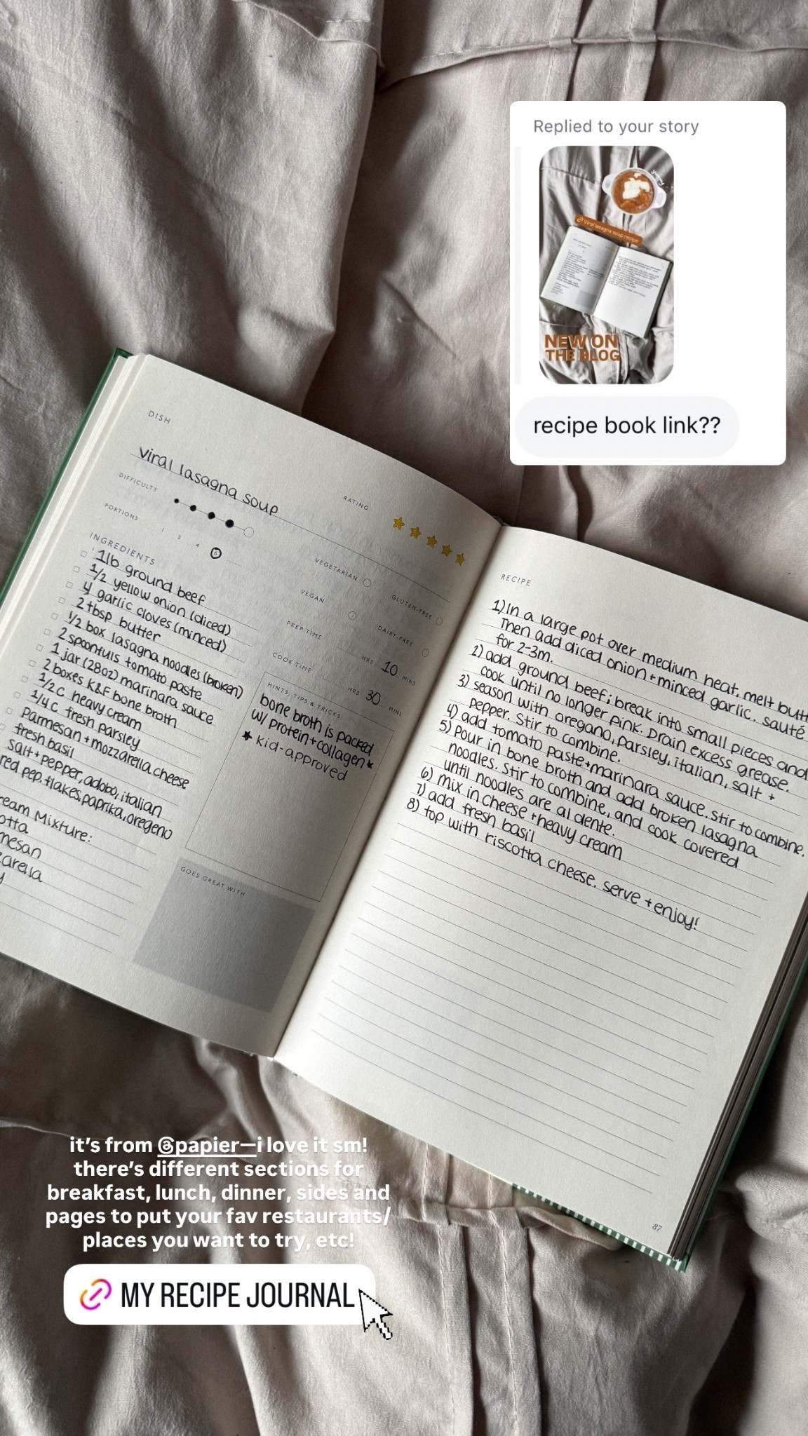 it’s from @papier—i love it sm! there’s different sections for breakfast, lunch, dinner, sides and pages to put your fav restaurants/places you want to try, etc!

#recipebook #recipejournal #journal #recipes #papier #cookbook #stationary

#LTKfoodie #LTKHome #LTKFindsUnder50