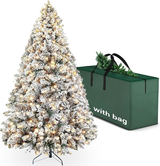 YouMedi 7.5ft Pre-Lit Snow Flocked Artificial Christmas Pine Tree, Artificial Christmas Tree with... | Amazon (US)