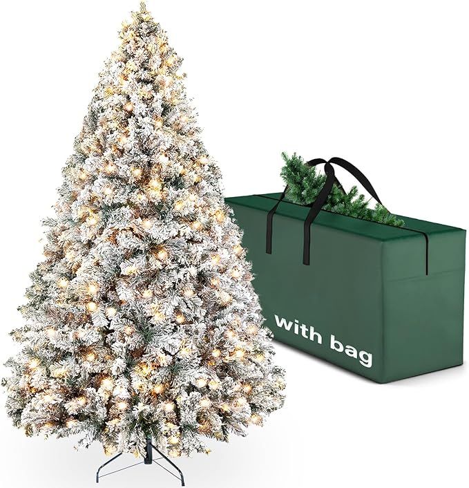 YouMedi 6.5ft Pre-Lit Snow Flocked Artificial Christmas Pine Tree, Artificial Christmas Tree with... | Amazon (US)