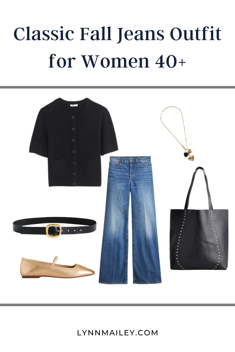 Jeans with a short sleeve black sweater and gold flats. An easy elevated fall outfit idea that works for day or night.

#LTKItBag #LTKxMadewell #LTKWorkwear