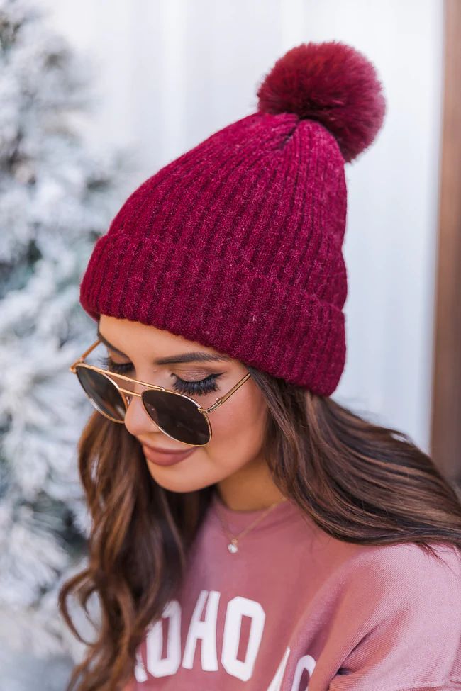 Cabin Escape Burgundy Pom Beanie FINAL SALE | The Pink Lily Boutique