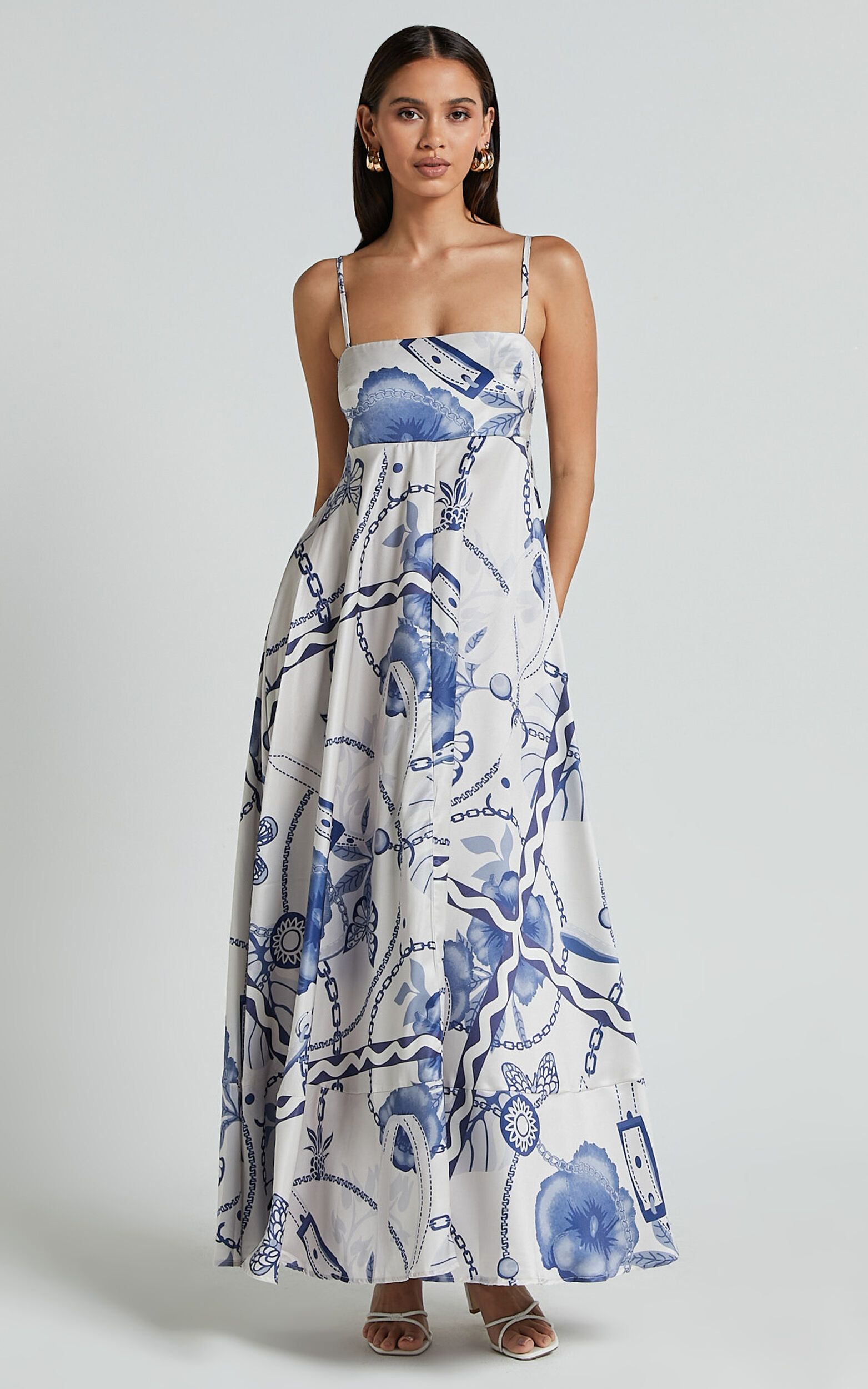 Yasmine Midi Dress - Straight Neck Sleeveless A Line Dress in Blue and White Porcelain Print | Showpo (US, UK & Europe)