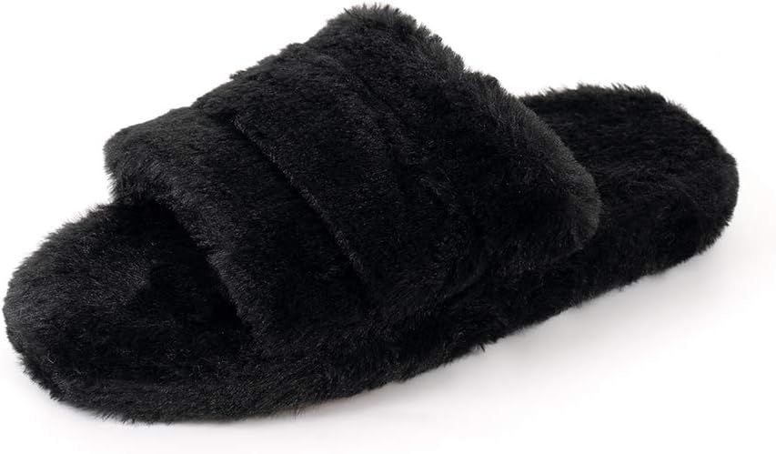 FUNKYMONKEY Women's Faux Fur Slippers Open Toe Comfy House Slides | Amazon (US)