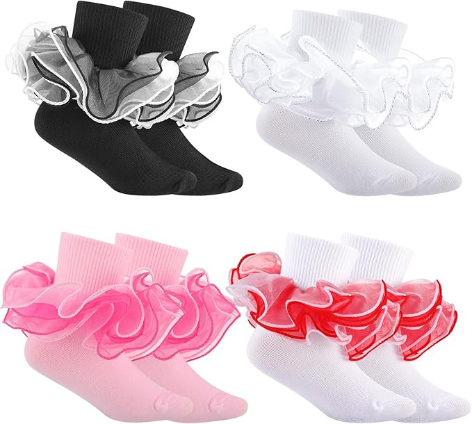 Jspupifip 4 Pairs Girls Big Ruffle Socks Soft Cute Classic Toddler Double Lace Frilly Cotton Dres... | Amazon (US)