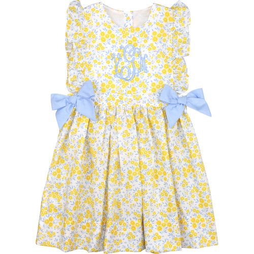Yellow Floral Print Blue Bow Dress - Shipping Mid-May | Cecil and Lou