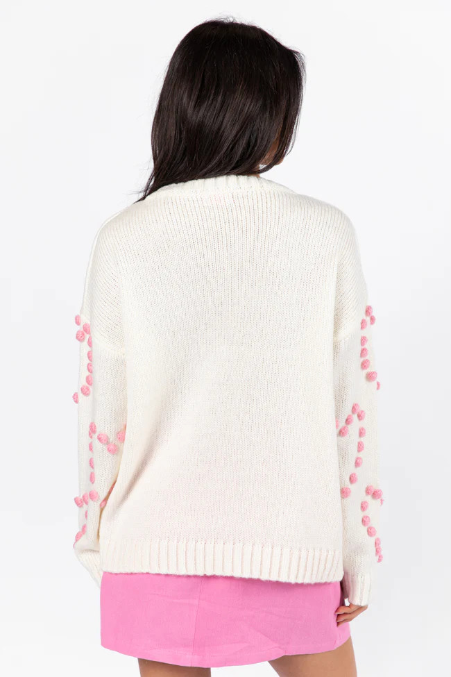 Adore You Ivory and Pink Oversized Heart Pom Sweater | Pink Lily