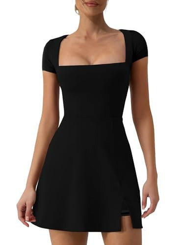 elelady Women's Athletic Tennis Dress with Shorts Square Neck Short Sleeve Workout Golf Side Slit Casual Mini Dress Black,L | Amazon (US)