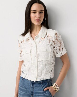 Women's Short Sleeve Lace Jacket in White size 2 | White House Black Market | White House Black Market