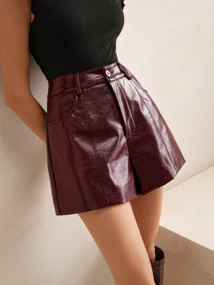 Anewsta Fashion Business Casual Chic Iridescent PU Leather Bordeaux Red Women Shorts, Summer New Year | SHEIN