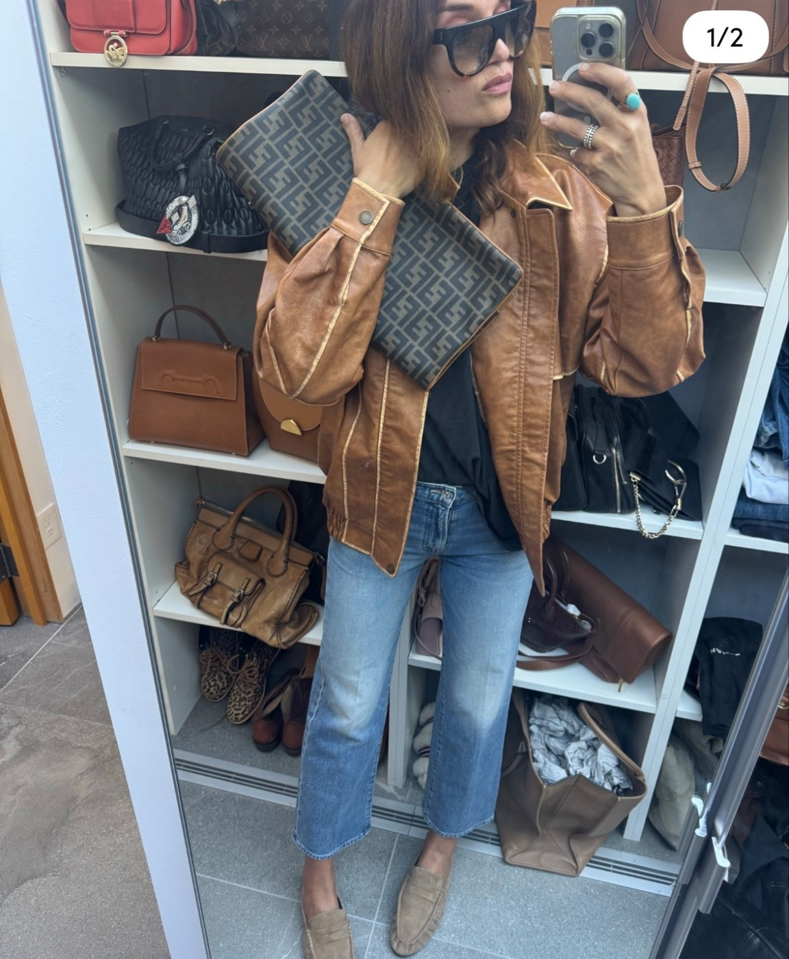 Faux leather jacket in small fits oversized like a medium 
Jeans tts 
Loafers tts 
