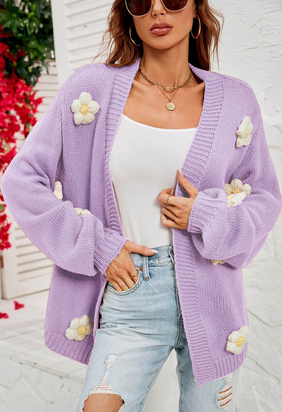 3D Stitch Flower Open Front Knit Cardigan in Lilac | Chicwish