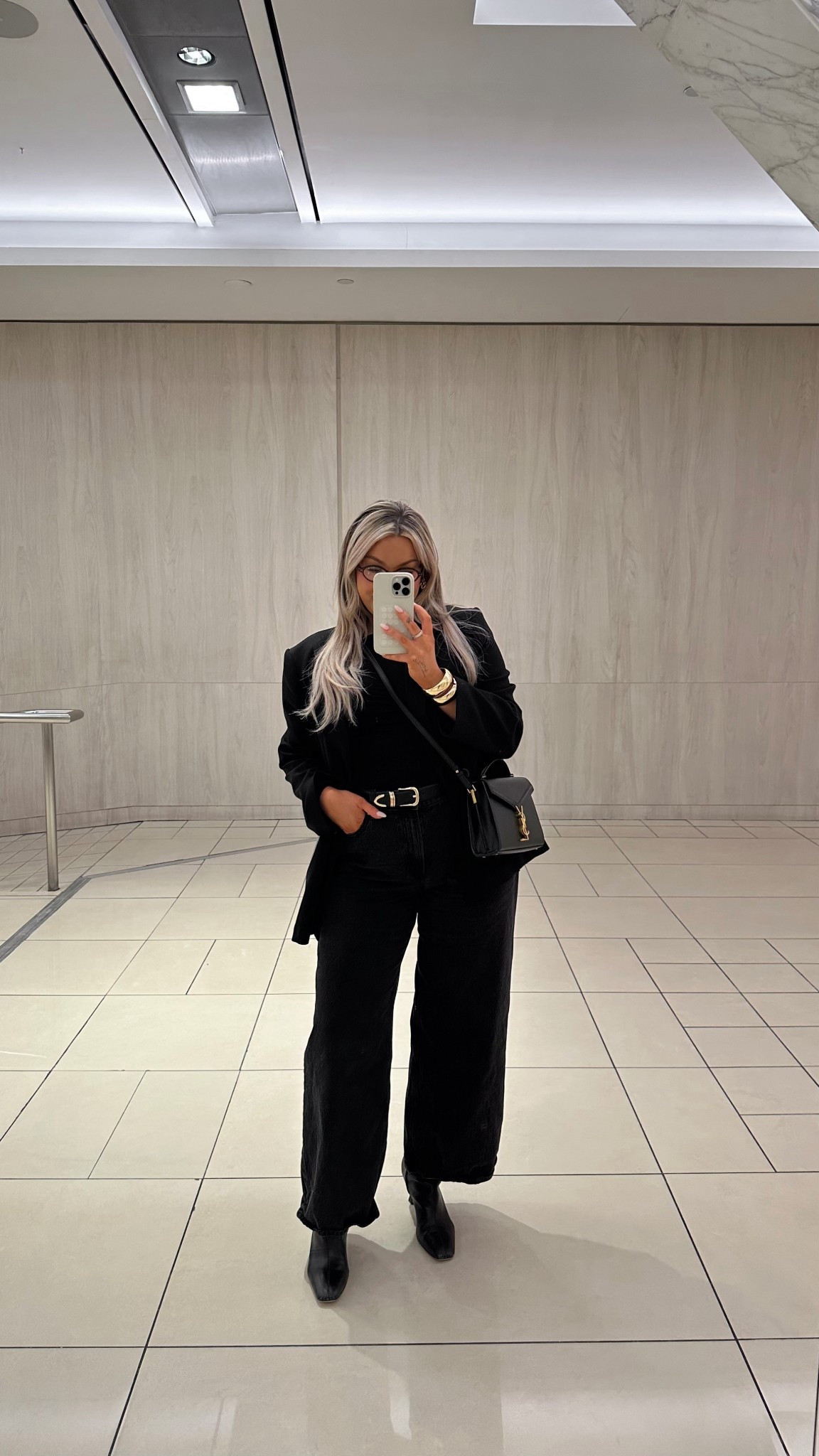 All black outfit, oversized blazer, wide leg black jeans, black boots, gold belt, blue light glasses, 

#LTKplussize #LTKmidsize #LTKworkwear