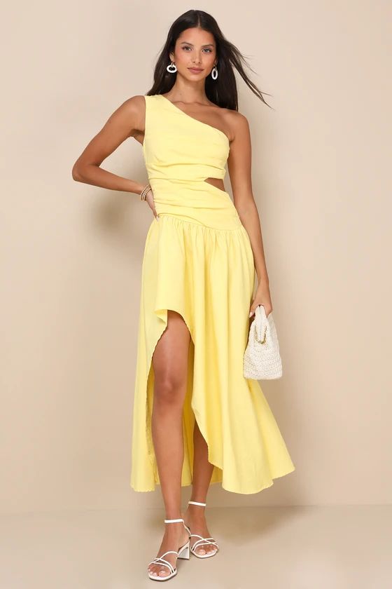 Yellow Linen Cutout One-Shoulder Midi Dress | Pale Yellow Dress | Light Yellow Dress | Lulus