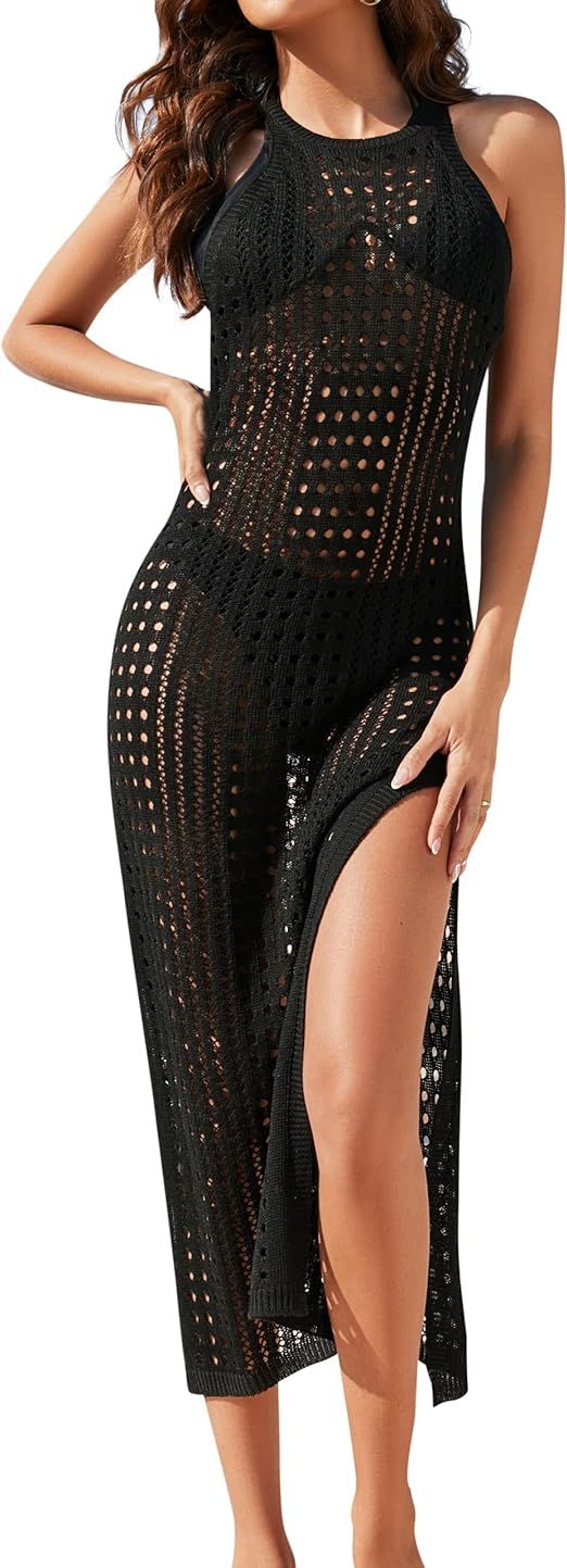 BMJL Womens Crochet Cover Up Hollow Out Swimsuit Coverup Side Split Maxi Beach Dress | Amazon (US)
